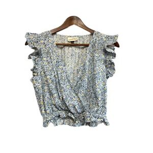 Universal Thread Floral Flutter Sleeve Twist Front Crop Women Blue Yellow Size M